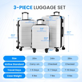 Simple Deluxe 28 Inch Expandable Hardside Carry On with Spinner Wheels & TSA Lock, ABS Hard Shell Lightweight Rolling Luggage Suitcase, White-C