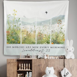 Mcehtle Floral Christian Tapestry, Bible Verse Religious Wall Tapestries, Scripture His Mercies Are New Every Morning Wall Hanging Decor for Bedroom Living Room Home, 50x60 Inch