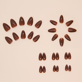 Fall Almond Press on Nail Medium Autumn Brown Fake Nail Solid False Nail for Women Girls -24pcs Glue on Nail