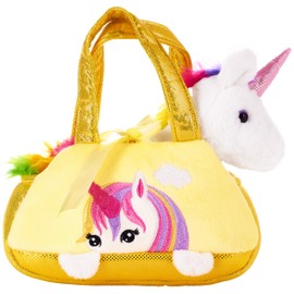 BRUBAKER Rainbow Plush Unicorn in Handbag - 8 Inches - Soft Toy in Bag - Cuddly Toy - Stuffed Animal - Yellow