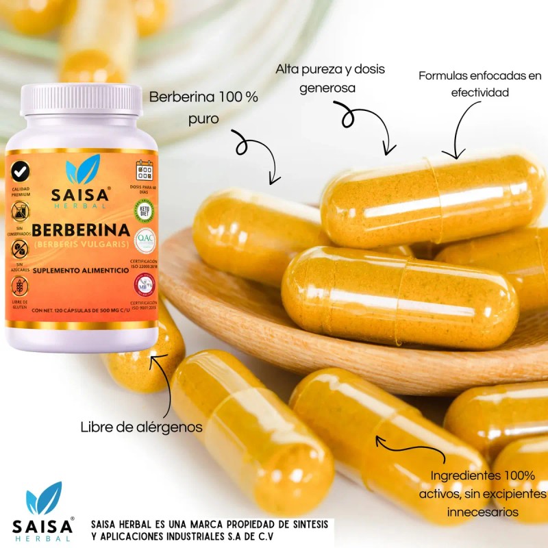 Berberina 100 Pura 120 Cáps Suplemento Alimenticio Saisa Herbal Metabolismo