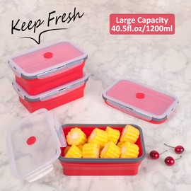 Collapsible Food Storage Containers with Airtight Lid & Air Vent, 40.5 oz, Kitchen Stacking Silicone Collapsible Meal Prep Container Set for Leftover, Microwave Freezer Dishwasher Safe, Red, Set of 4