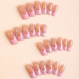 Pink French Tip Press on Nails Medium Square Fake Nails,Glossy Glue on Nails Acrylic Nails with Color Rhinestones Designs False Nails Nude Stick on Nails for Women and Girls 24Pcs