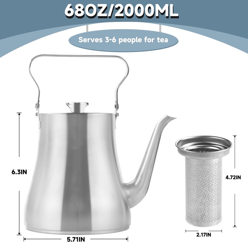 GURUDAR 68OZ/2000ML Stainless Steel Teapot with Removable Infuser for Loose