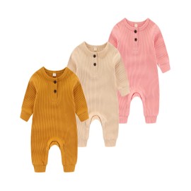 Chamie Baby Romper Newborn Knitted Jumpsuit Long Sleeve Baby Boys Girls Footless One-Piece Suit 0-24 Months,3 Pcs,Yellow,Pink,Almond