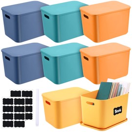 Tanlade 8 Pcs Plastic Storage Bins Stackable Baskets with Lid and Handle Colorful Desktop Storage Box Cubby Containers for Shelf Bedroom Office, Include 1 Erasable Marker, 16 Stickers (14 x 10 x 9 In)