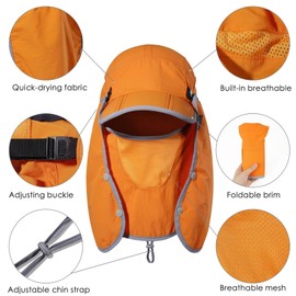 GADIEMKENSD Foldable Fishing Sun Hat with Face Neck Flap 360 Sun Protection Quick Dry Baseball Cap Adjustment Covering Detachable Legion Hat for Fishing Gardening Hiking Riding Boating Orange