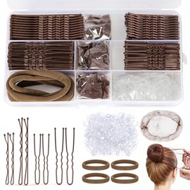 385 Pcs Hair Pins & Bobby Pins Set – 150 U Shaped Hair Pins, 125 Bobby Hair Grips, 100 Clear Elastic Hair Bands, 6 Bun Nets, 4 Scrunchies, Brown Bun Kit with Box
