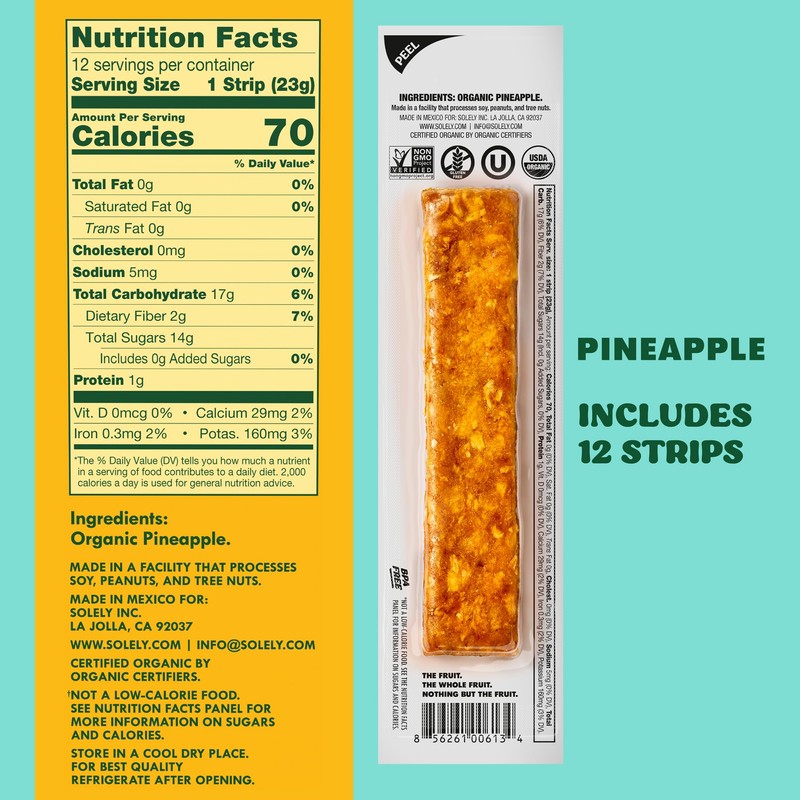 SOLELY - Organic Pineapple Fruit Jerky - 12 Individually Wrapped