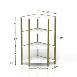 VERYKE 4 Tier Corner Shelf,Tall Corner Shelf Stand with Study Frame,Freestanding Corner Plant Stands Space-Saving,Rustic Corner Shelving Unit for Garden,Living Room,Kitchen (White+Gold)
