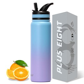 pluseight Stainless Steel Drinking Bottle, Leak-Proof Stainless Steel Bottle with Straw and Lid for School, Children, Women, Men, Leak-proof and Sweat-Proof with Anti-Dust Lid (Blue Pink, 1000 ml)