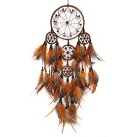 Donko Large Dream Catcher Wall Decor Brown Dream Catchers with Wooden Bead Handmade Feather Dreamcatcher Wall Hanging Ornament Art Craft for Bedroom Living Room Home Decor