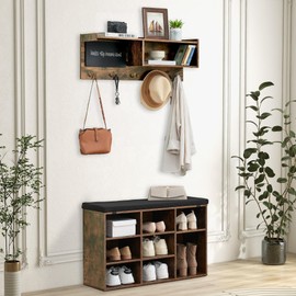 LALFPET Wall Mount Hall Tree with 31.5 inches Bench, Industrial Coat Rack Shoe Bench Set with 5 Hooks, Storage Cubbies and Small Blackboard Perfect for Entryway, Hallway, Rustic Brown