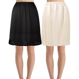 Hanpceirs Pack of 2 Women's Petticoat Underskirts for Women Half Briefs for Under Dresses Satin Skirt Extenders, Black + Beige 50 cm, XL