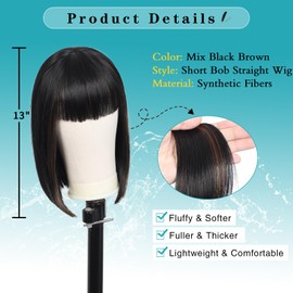 Kalyss Bob Wigs for Women Short Straight Bob Wig with Hair Bangs Natural Looking Heat Resistant Synthetic Hair Wigs for Women 13 Inches (Mix Black Brown)