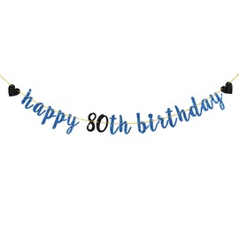 Helewilk Blue Glitter Happy 80th Birthday Banner, Men Women 80th Birthday Party Hanging Decoration, Cheers to 80 Years 80 & Fabulous Sign Bunting Decor for Grandpa Grandma Birthday Party Supplies (80)