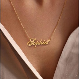 AOLO Mimi Heart Name Necklace 18k Gold Plated Stainless Steel Nameplate Pendant Jewelry for Womens Mens 16"