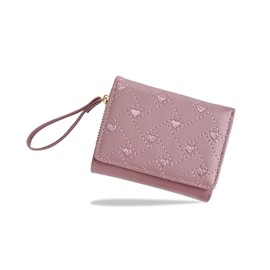 Denovin Wallet Women, Cute Black Ladies Girls Wallet, Love Heart Trifold Wallets Woman Business Credit Card Holder with Zipper Purse Pocket for Lovers ID Cards Cash Coin Key (Purple)