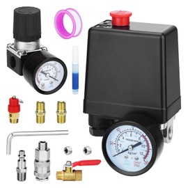Universal Air Compressor Pressure Switch Control Valve (90-120 PSI, 110V-240V) with 0-180 PSI Regulator and Safety Pressure Relief Valve - 4 Way Replacement Part (110V-240V-B9)