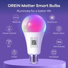 OREiN Matter Smart Light Bulb, 1600 Lumens 100W Equivalent Smart Light Bulbs, Color Changing Light Bulbs Work with Apple Home, Alexa, Google Home, SmartThings, A21 Smart Bulbs 2.4Ghz WiFi, 4Pack