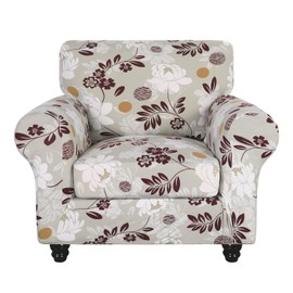 SearchI Stretch Sofa Cover Printed Couch Covers, Floral Pattern 2 Piece Armchair Slipcover with Separate Chair Cushion Cover, Washable Furniture Protector for Living Room(Armchair, Brown Flowers)