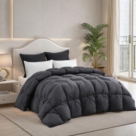 KAKABELL Pinch Pleat Goose Down Feather Comforter Calking Size, Breathable Fluffy Grey Duvet Insert, 100% Organic Cotton Fabric, 750+Fill Power All Seasons Hotel-Quality Bed Comforter 98" x 108"