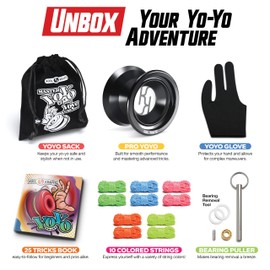 Professional Responsive Yoyo Kit - Premium Alloy for Kids and Beginners With Easy-to-Follow Top 25 Tricks Book, Glove, Storage Sack, 10 Colored Strings, and Bearing Tool - Great Gift for Boy