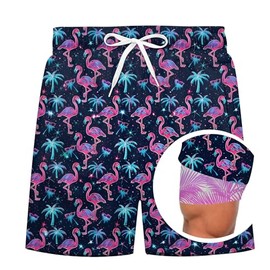 uideazone Board Shorts for Men Neon Flaminogo Swim Trunks Hawaiian Quick Dry Swimming Shorts Summer Beach Bathing Suit with Compression Liner