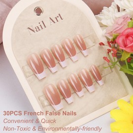 French False Nails - 30 Pcs Square Press on Nails with Nail Glue - Full Cover Reusable Medium Long False Nails Stick on Nails White Nude French Nail Tips for Women Girls Nails Art at Home
