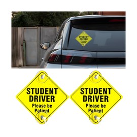 KHGUZ 2PCS Student Driver Car Sign, 5 x 5 Inch Please Be Patient Vehicle Window Sign Stickers with Suction Cups, Safety Warning Automotive Decal for Beginners Driving Learner, Universal Fit (Style 3)