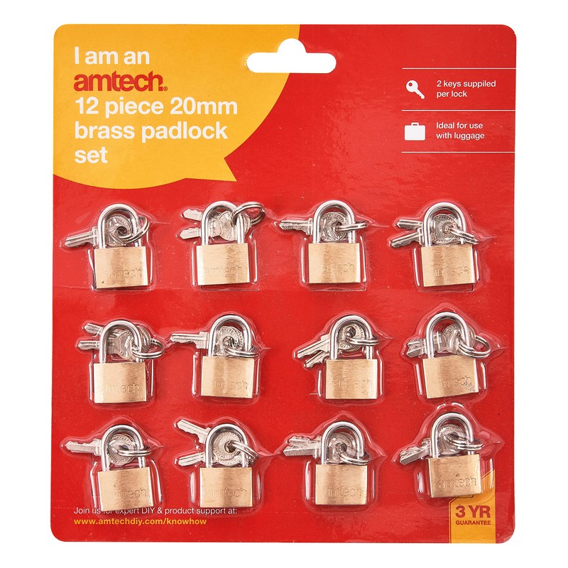 Amtech T0790 Brass Small Padlocks with Keys for Luggage, lockers,