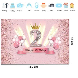 2nd Birthday Decorations for Girls Happy 2nd Birthday Backdrop Banner Party Deco Girl 2nd Years Old Anniversary Party Fabric Sign Poster Pink Photo Background 2nd Birthday Party Supplies, 59"x35.4"