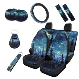 Uskorhein Starry Night Forest 10 Set Car Seat Covers for Women Full Set Starry Sky Tree Pattern Front Back Seats Covers,Seat Belt Pads, Coaster,Keychains