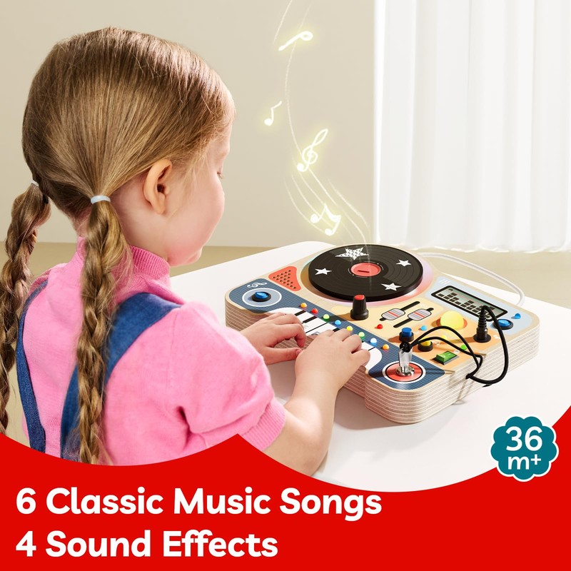 TOP BRIGHT DJ Busy Board with LED Light, Wooden Toddler