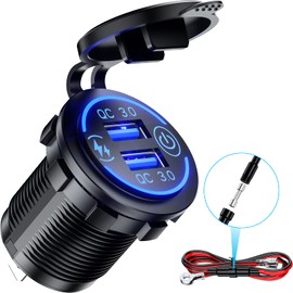 Kewig Quick Charge 3.0 - Enchufe de cargador USB dual impermeable 36 W, 12 V, 24 V, toma USB, carga rápida con interruptor táctil y kit de bricolaje LED azul para coche, barco, barco, camión, carrito