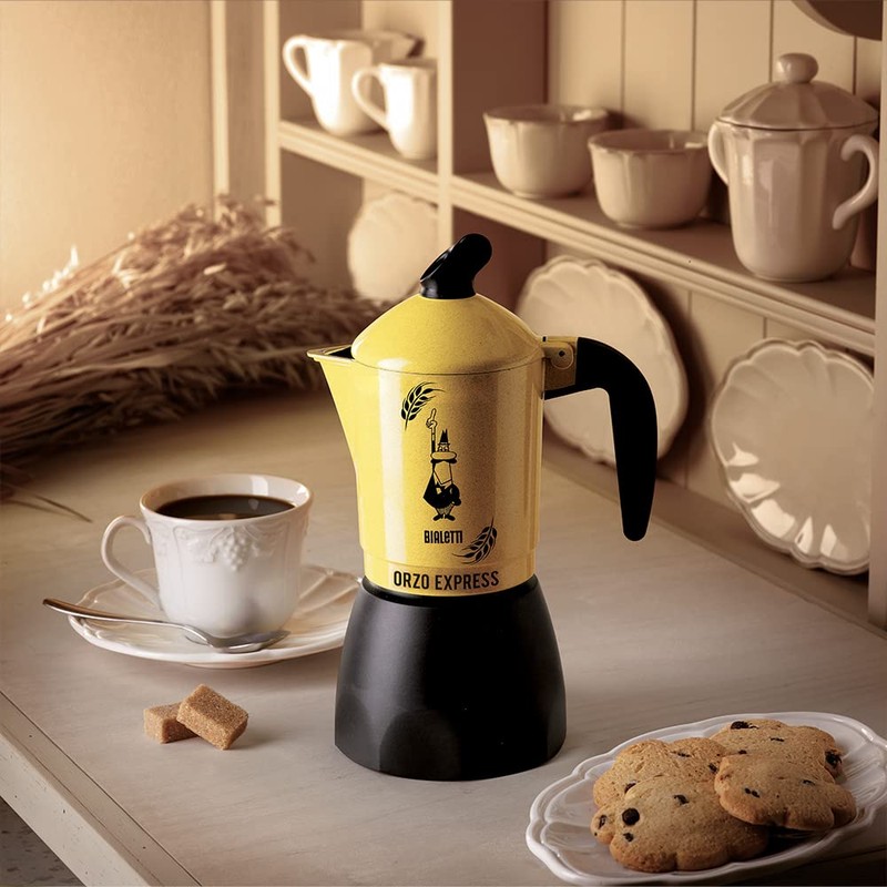 Bialetti Moka Orzo Express Caffettiera con Orziera, Alluminio, Giallo, 2