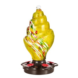 LUJOIN Spiral Shaped Hummingbird Feeder for Outdoors, Hand Blown Glass 25 fl.oz, Leak Proof & Rustproof, Includes an Ant Moat S Hook, Metal Cover with 5 Feeding Ports, Yellow