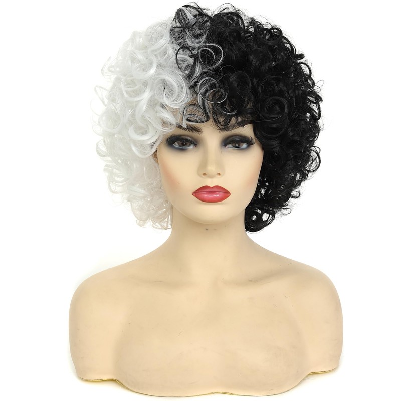 Short Curly Wig Black and White Wavy Hair Curly Wig