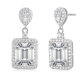 EAMTI Silver Dangle Earrings for Women Cubic Zirconia Emerald Cut Bridal Wedding Earrings 925 Sterling Silver Post Rhinestone Engagement Earring