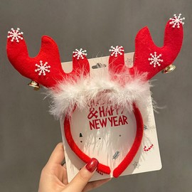 Red Deer Antlers Headband - Christmas Headbands Snowflake White Plush Head Bopper Hair Decorations Winter Holiday New Year Party Funny Deer Antler Headbands for Women Girls Accessories Gift 1PCS
