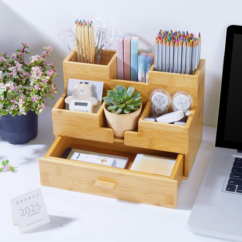 Charmlife Bamboo Desk Organizer - Makeup & Pen Storage with