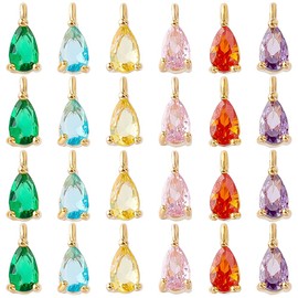 AHANDMAKER 24 x Teardrop Pendant with Zirconia. 6 Colours Brass Micro Pave CZ Teardrop Pendant Charms 3.5 x 7.5 mm Small Water Drop Pendant for Necklaces Bracelets Earrings, Brass and zirconia