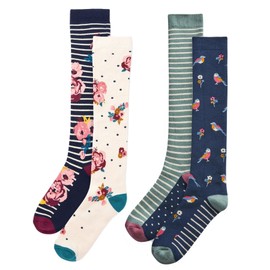 K Collection Ladies Ex Store Welly Socks - 4 Pack - Wellington Boot Socks - Floral, Bird Stripe Designs - Assorted Colours - UK One Size