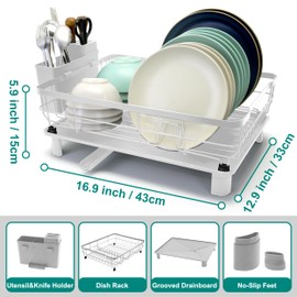 Goderewild Dish Drying Rack for Kitchen Counter,Space-Saving Dish Rack with Drainboard,Rustproof Countertop Dish Drainer with Utensil Holder for Sink,White