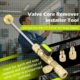 Valve Core Remover Installer Tool with Dual Size SAE 1/4" & 5/16" Port Brass Adapter Compatible with R22 R12 R407 R410 R404 R32 R600 Home Refrigeration Equipment