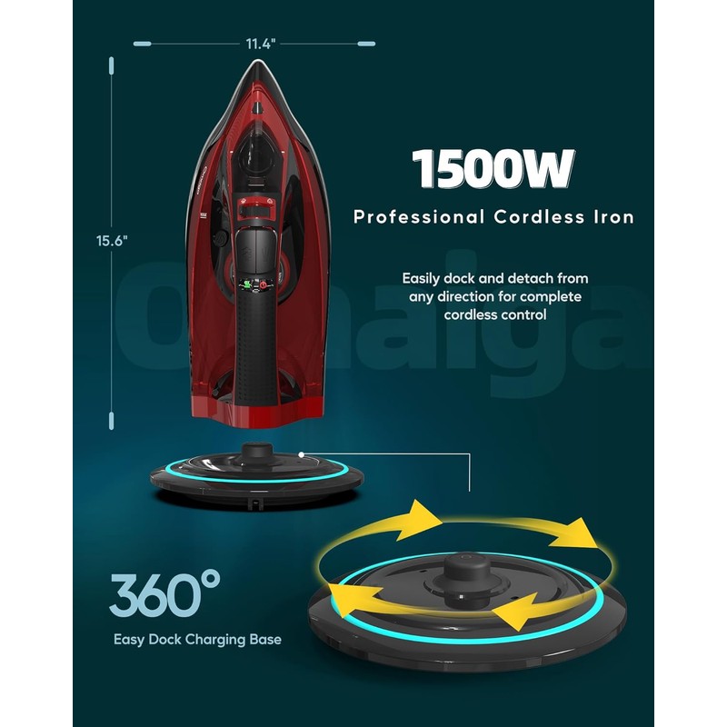 OMAIGA Cordless Iron for Clothes, 1500W Wireless Steam Iron with