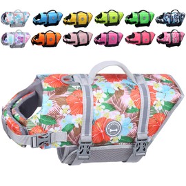 VIVAGLORY Dog Swimming Vest, Ripstop Dog Life Jacket with Enhanced Buoyancy, Doggy Float Device for Boating and Swimming, Floral Orange, S