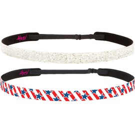 Hipsy Women's Adjustable No Slip Bling Glitter & Fouth of July Day Headbands (Skinny Stripes & White Glitter)
