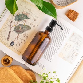 Vine Creations Amber Glass Soap Dispenser 2 Pack, Thick 16oz Bottles Rustproof Stainless Steel Pump, Modern Farmhouse Vintage Jar, Bathroom Kitchen, with Waterproof Labels (Round Oil Rubbed Bronze)