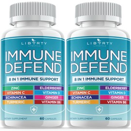 Liberty Lifestyle 8 in 1 Immune Defense Support, Immunity Vitamins Supplement Booster with Zinc 50mg, Vitamin C Elderberry Vit D3 5000 IU, Turmeric Curcumin & Ginger, Echinacea - Allergy Relief for Kids Adults (2 Pack)
